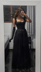 Vintage A line Straps Sleeveless Long Tulle Black Prom Dress