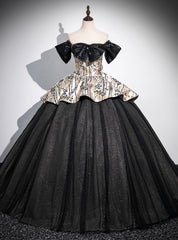 Vintage Black Tulle Sequins Off the Shoulder Quinceanera Dress With Bow