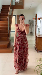 Vintage Chiffon Print Irregular Ruffles Long Prom Dress A Line Evening Party Dress