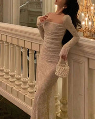 Vintage Mermaid Lace Prom Dress Elegant Apricot Square Collar Evening Party Gown