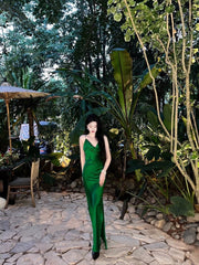 Vintage Mermaid Spaghetti Straps Green Satin Long Birthday Dress Prom Dresses