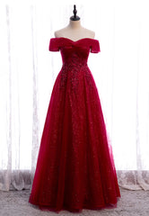 Burgundy Lace Long Prom Dresses, A-Line Off the Shoulder Evening Dresses