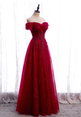 Burgundy Lace Long Prom Dresses, A-Line Off the Shoulder Evening Dresses