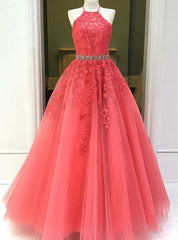 Watermelon Red Halter Tulle Appliques Prom Dress