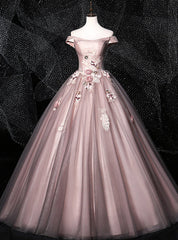 We Provide Pink Ball Gown Tulle Off the Shoulder Appliques Quinceanera Dress