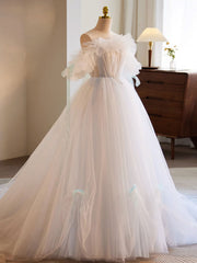 White A-Line Tulle Long Prom Dress, White Formal Dress