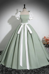 White and Green Floor Length Prom Dress, Lovely A-Line Short Sleeve Evening Party Dress