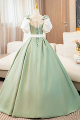 White and Green Long Prom Dress, Lovely A-Line Short Sleeve Evening Party Dress