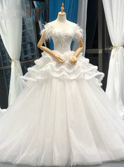 White Ball Gown Corset Tulle Off The Shoulder Wedding Dress With Feather