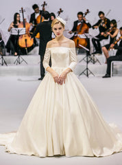 White Ball Gown Satin Off The Shoulder Long Sleeve Wedding Dress