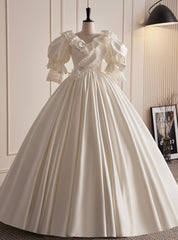 White Ball Gown Satin Puff Sleeve Wedding Dress