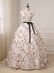 White Ball Gown Tulle 3D Flower V-neck Backless Quinceanera Dress