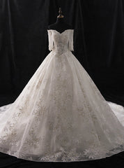 White Ball Gown Tulle Appliques Short Sleeve With Beading Wedding Dress