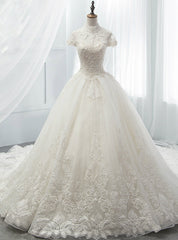 White Ball Gown Tulle Lace High Neck Cap Sleeve Wedding Dress