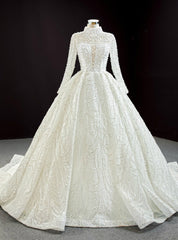 White Ball Gown Tulle Long Sleeve High Neck Pearls Wedding Dress