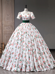 White Cherry Print Short Sleeve Quinceanera Dress