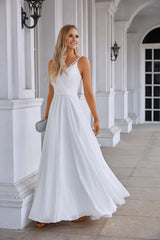 White Chiffon Prom Dresses Surplice Neck A-Line Long Evening Dress with Spaghetti Straps