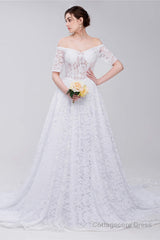 White Lace Off The Shoulder Short Sleeve Corset Wedding Dresses