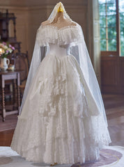 White Lace Tiers Off the Shoulder Wedding Dress