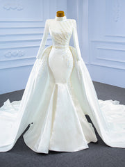 White Meraid Satin Long Sleeve Wedding Dress With Detachable Train