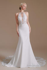 White Mermaid Halter Backless Sweep Train Wedding Dresses with Lace