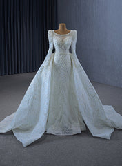 White Mermaid Long Sleeve Pearls Wedding Dress