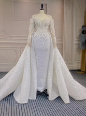 White Mermaid Sequins Pearls Long Sleeve Wedding Dress With Detachable Train