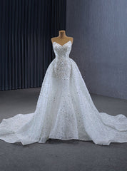 White Mermaid Tulle Strapless Pearls Wedding Dress With Detachable Train