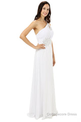 White One Shoulder Chiffon Pleats Beading Bridesmaid Dresses