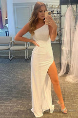 White One Shoulder Sequins Prom Dress with Slit