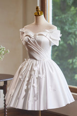 White Satin Knee Length Party Dress, Off the Shoulder A-Line Evening Dress