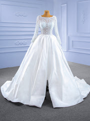 White Satin Lace Long Sleeve Beading Wedding Dress