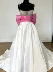 White Satin Pink Bow Beading Prom Dress