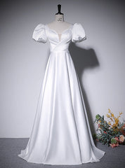 White Satin Short Sleeve Pearls Pleats Prom Dress