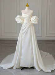 White Satin Strapless Puff Sleeve Pleats Wedding Dress