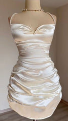 White Short Satin Sheath Birthday Dress Short Prom Dress