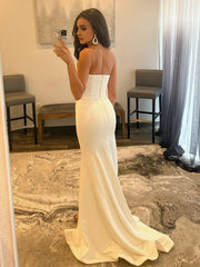 White Strapless V Neck Long Prom Dress With Slit