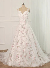 White Tulle and Floral Long Straps Formal Gown Beautiful White Party Dress prom dresses shops