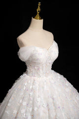 White Tulle Flowers Floor Length Prom Dresses, Beautiful A-Line Backless Sweet 16 Formal Dresses