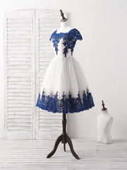 White Tulle Lace Applique Short Prom Dress, Tulle Homecoming Dress