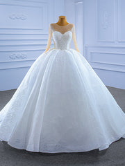 White Tulle Lace Long Sleeve Beading Wedding Dress