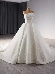 White Tulle Sequins Strapless Wedding Dress With Train