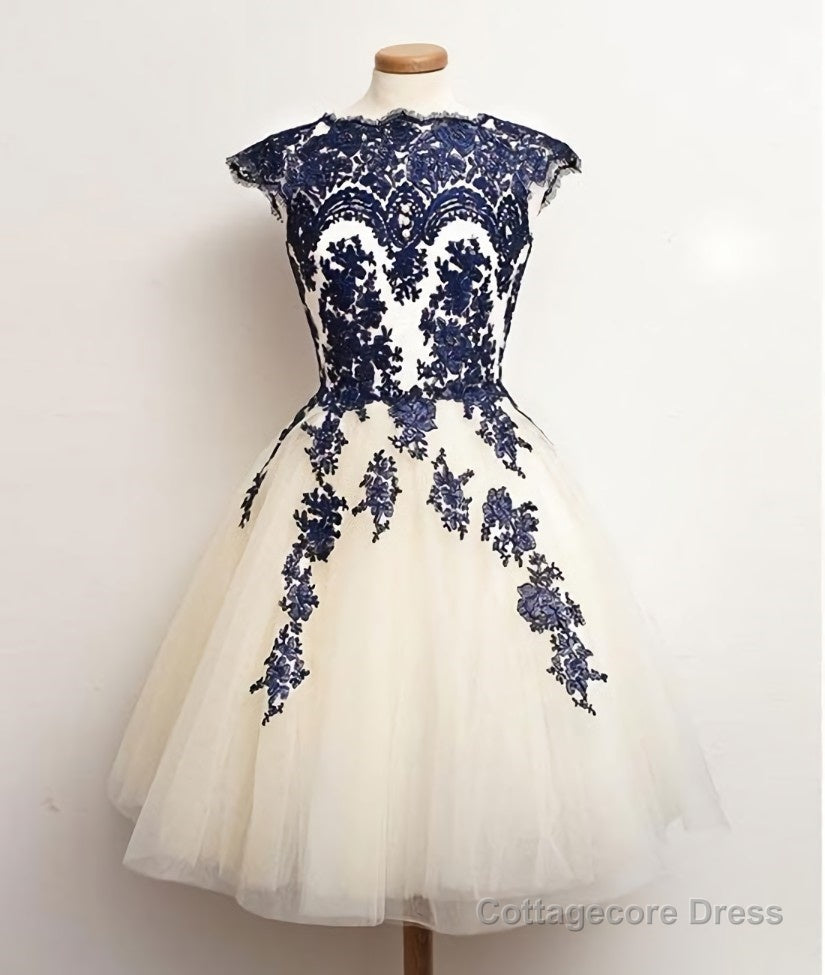 White Tulle Short Navy Blue Lace  Prom Dresses, Short Blue Lace Homecoming Dresses