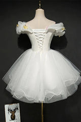 White Tulle Short Off Shoulder Homecoming Dress, White Graduation Dress