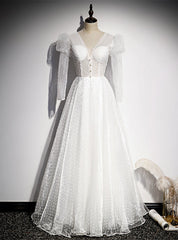 White Tulle V-neck Long Sleeve See Through Top Prom Dress