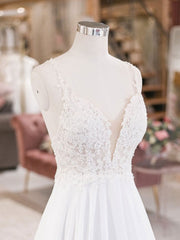 White V Neck Lace Chiffon Long Wedding Dress, Beach Wedding Dress