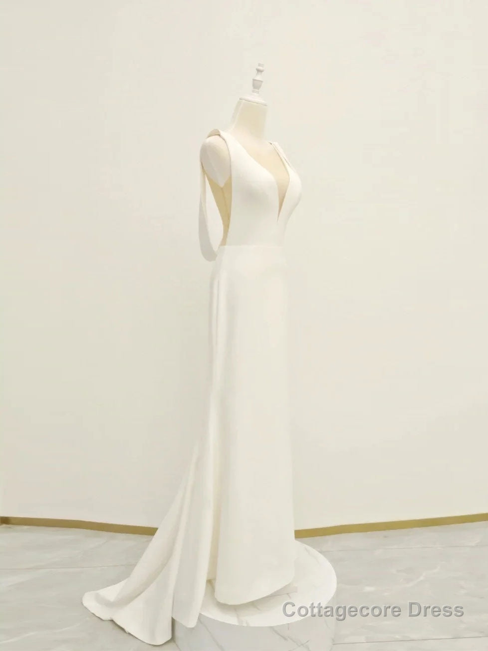 White v neck long prom dress, white evening dress