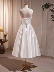 White V Neck Satin Tea Length Prom Dress, White Formal Dress With Beading