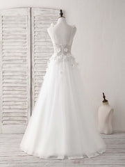 White V Neck Tulle Beads Long Prom Dress White Evening Dress