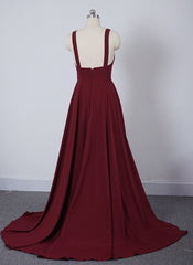 Wine Red Chiffon High Slit Long Party Dress, Charming Long Straps Bridesmaid Dresses